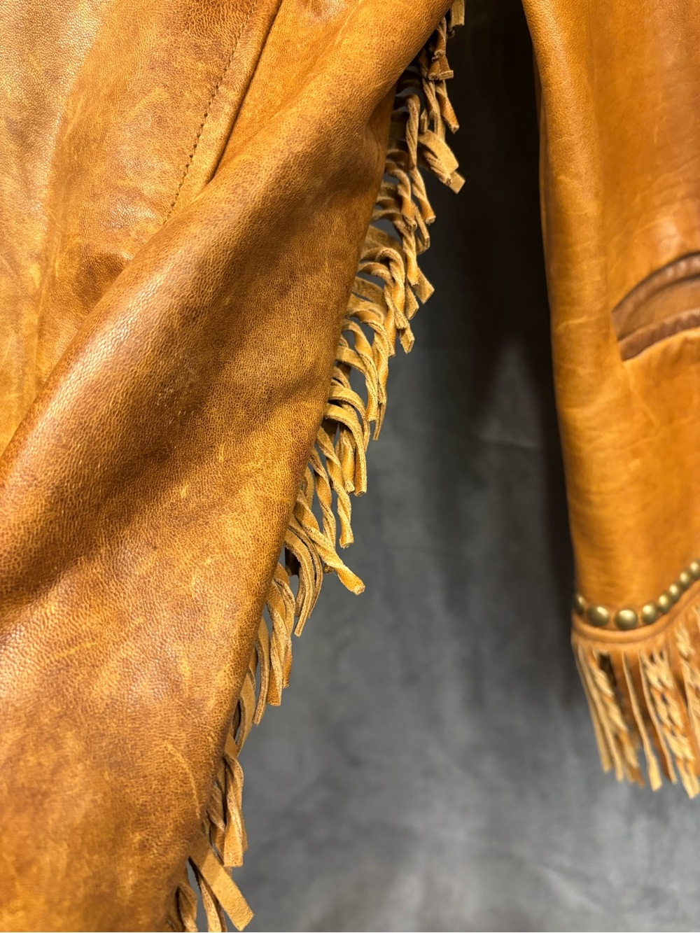Medium Double D Ranch Tan Fringe Studded Western Cowgirl Leather Jacket - Picture 6 of 11